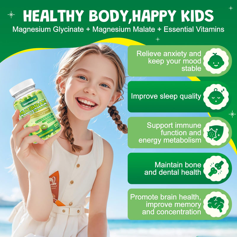 Magnesium Glycinate Gummies for Kids & Adults - Sugar Free Magnesium Malate with L-Theanine, Omega-3, Vitamin D3, B6, B12, C- Sleep, Calm, Relaxation, Brain, Bones, Green Apple & Kiwi, 60ct (2 Pack) Green Apples and kiwis 60 Count (Pack of 2)