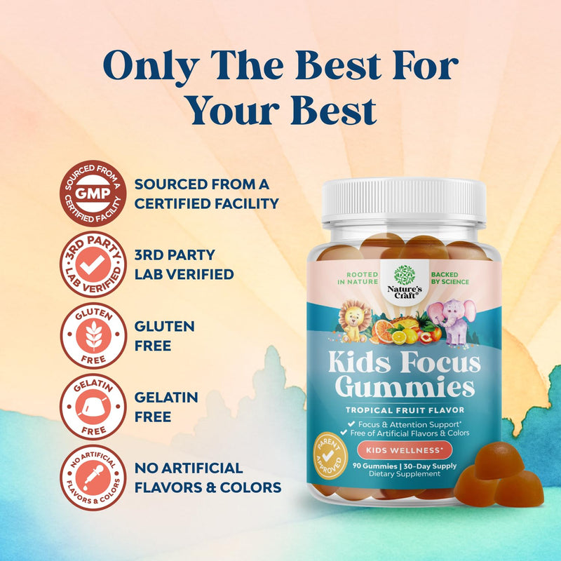 Kids Focus Gummies - Nootropics Brain Support Supplement for Kids with Green Tea Extract, B6 & B12 Vitamins for Memory and Brain Focus - Herbal Concentration Chews for Children - 90 Count 90 Count (Pack of 1)