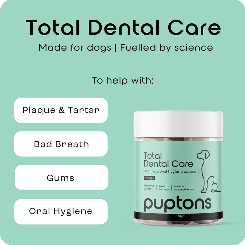 Puptons Total Dental Care for Dogs | Tartar & Plaque Off Powder - No Brushing | Supports Oral Hygiene & Treats Gum Disease | Treatment for Bad Breath & Removes Plaque | Measuring Scoop Included, 60g 60 Grams