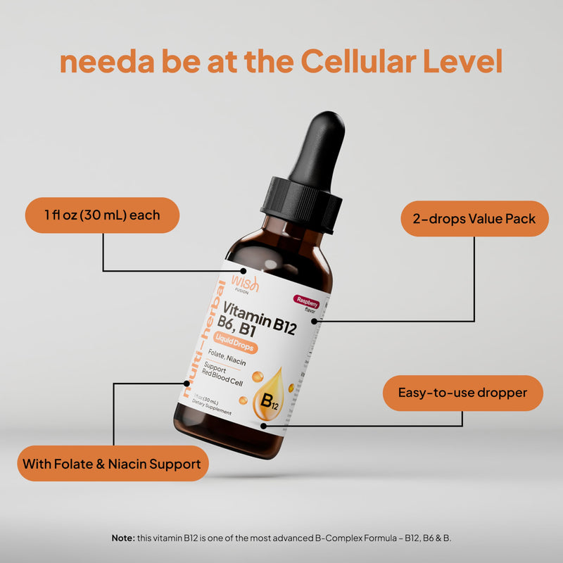 Vitamin B12 Liquid Drops 5000mcg, Liquid B12 Sublingual Drops & B12 Methylcobalamin for Women & Men Vitamin B Complex Energy Boost, Focus & Mood, Brain Health Support, 30ml x 2 Pack
