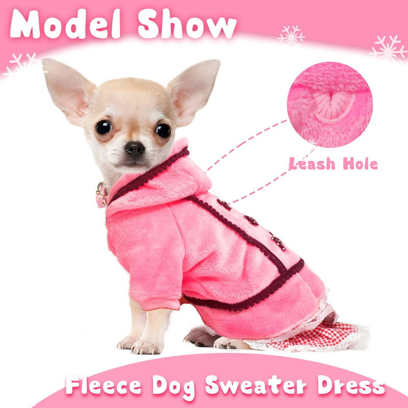 Winter Dog Dress for Small Dogs Girl Puppy Sweater Dog Sweater Fleece Warm Puppy Sweater with Leash Hole Cute Pink Dog Clothes Bowtie Chihuahua Sweater Pet Dog Oufit XXS Dog Sweater (XX-Small) pink dress XX-Small