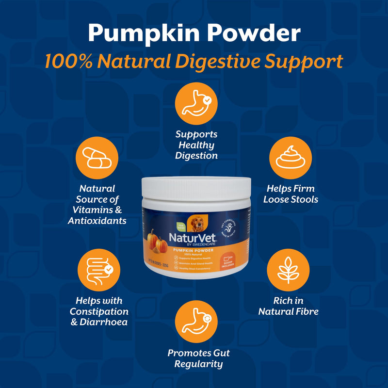 NaturVet Pure Pumpkin Powder for Dogs – 225g 100% Natural, Rich in Prebiotics High-Fibre Digestive Support for Firm Stools & Gut Health – Additive-Free - 90 Servings 225g Powder
