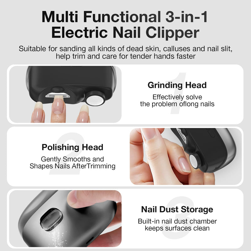 Electric Nail Clipper for Seniors/Adults/Children 2026 New Electric Nail Trimmer Set Dual-FunctionTrimming and Filing System for Thick Nails Toe Nail Clippers Removing Dead Skin and Nail Polish Black