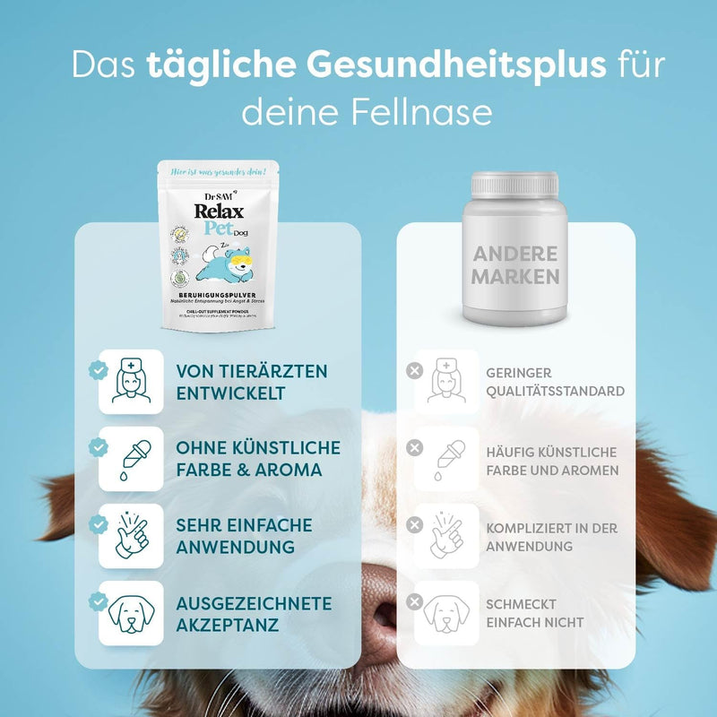 Dr. SAM Premium Anti-Stress Powder for Dogs – RelaxPet as a Natural Soothing Agent for Relaxation from Anxiety and Stress – Peace When Travelling and Special Occasions – High Dose – 45 g Hund