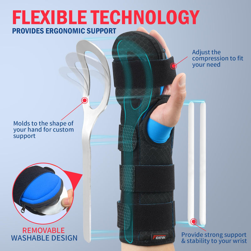 FEATOL Resting Hand Splint Stroke Night Immobilizer with Removable Splints- Pain Relief For Carpel Tunnel, Stroke Recovery, Arthritis, Tendinitis-Functional Support Wrist Finger Brace-Right Medium-For Men and Women Right Hand Black & Blue