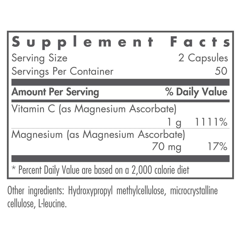 NutriCology Magnesium Ascorbate Buffered Vitamin C, 100 Capsules | 1000 mg Stomach-Friendly Non-Acidic Vitamin C, Buffered Magnesium Ascorbate, Vegetarian and Hypoallergenic