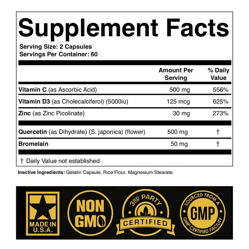 Zinc Quercetin 500mg with Vitamin C Vitamin D3 Bromelain Immune Support High Potency Quercetin Zinc Supplement ZQV by SPARTIS (Pack of 1 Bottle at 120-Caps) - BeesActive Australia