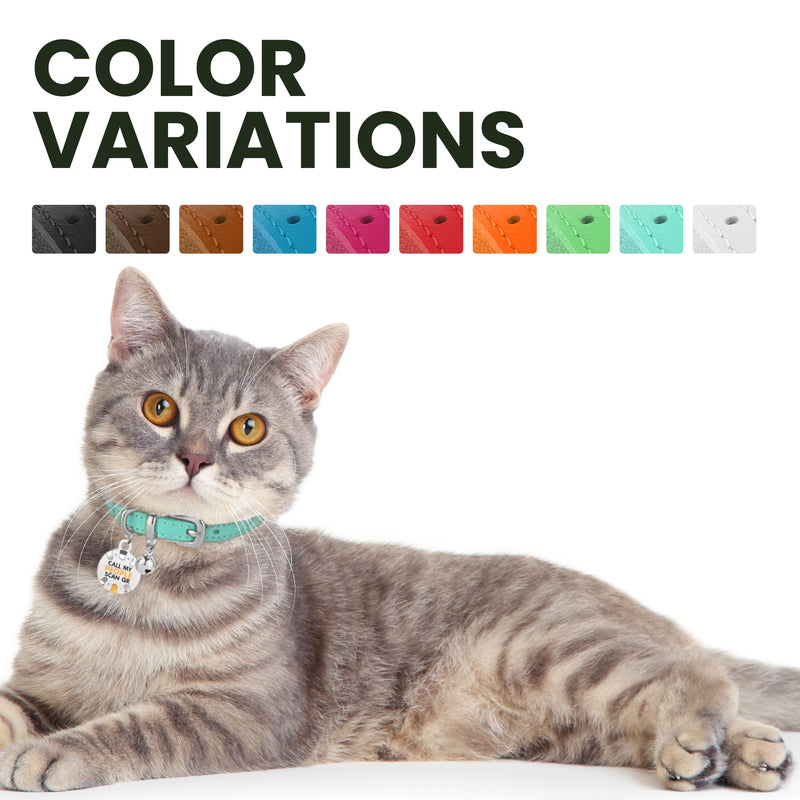 BRONZEDOG Leather Cat Collar with Bell Non Breakaway Kitten QR Tag for Girl Boy (7" - 9" for Cats, Turquoise & Silver) 7 - 9 inch - BeesActive Australia