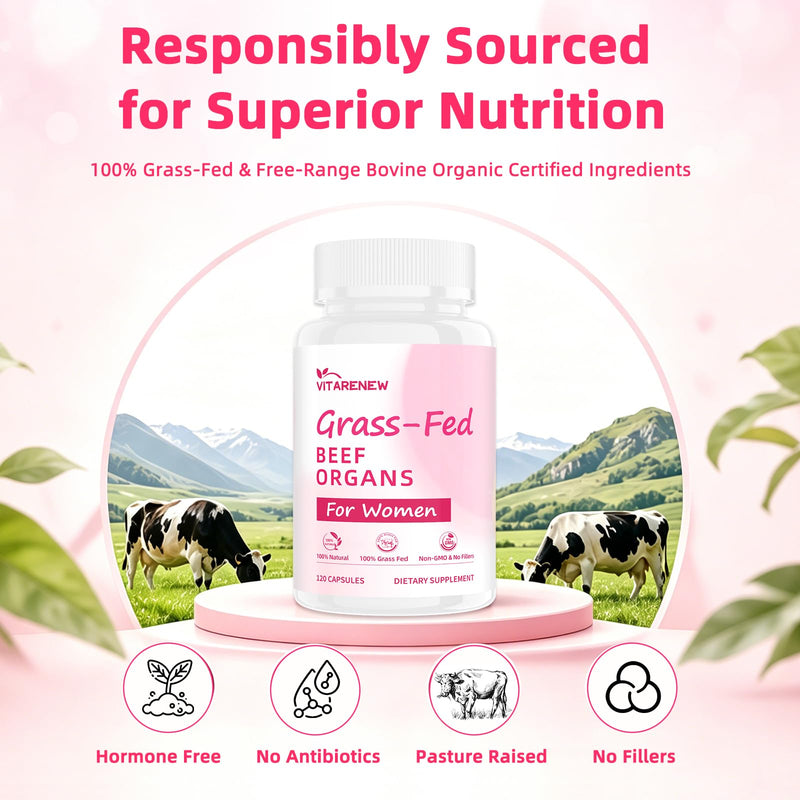 Beef Organ Supplement for Women - Grass-Fed Beef Liver, Uterus, Kidney, Heart & Pancreas with 5 Vitamins & 2 Herbs - Supports Hormone Balance, Energy & Immune - Pasture Raised - 120 Capsules