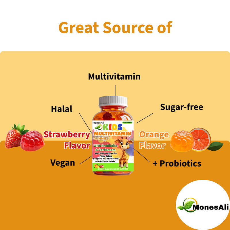 Kids Multivitamin Gummies with Magnesium & Probiotics - Vegan, Gelatin-Free, Halal, Orange & Strawberry Flavors, 90 Count