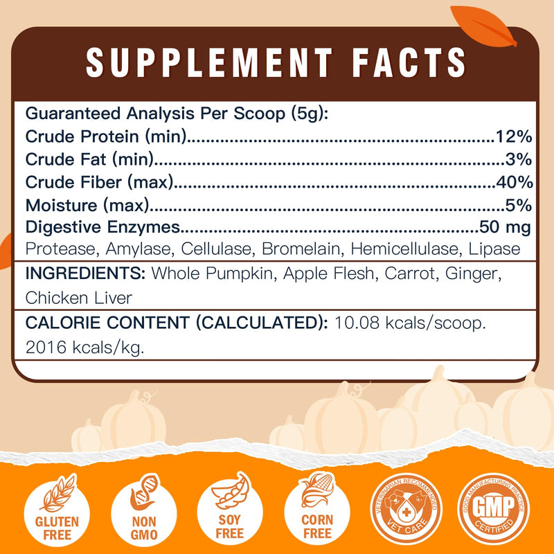 DRFOSTER Pumpkin Powder for Dogs - Fiber Supplements for Dogs & Cats with Organic Pumpkin, Apple, Carrots and Digestive Enzymes - Healthy Stool and Digestion, Diarrhea & Constipation Relief, 10.58 oz 60 Scoops