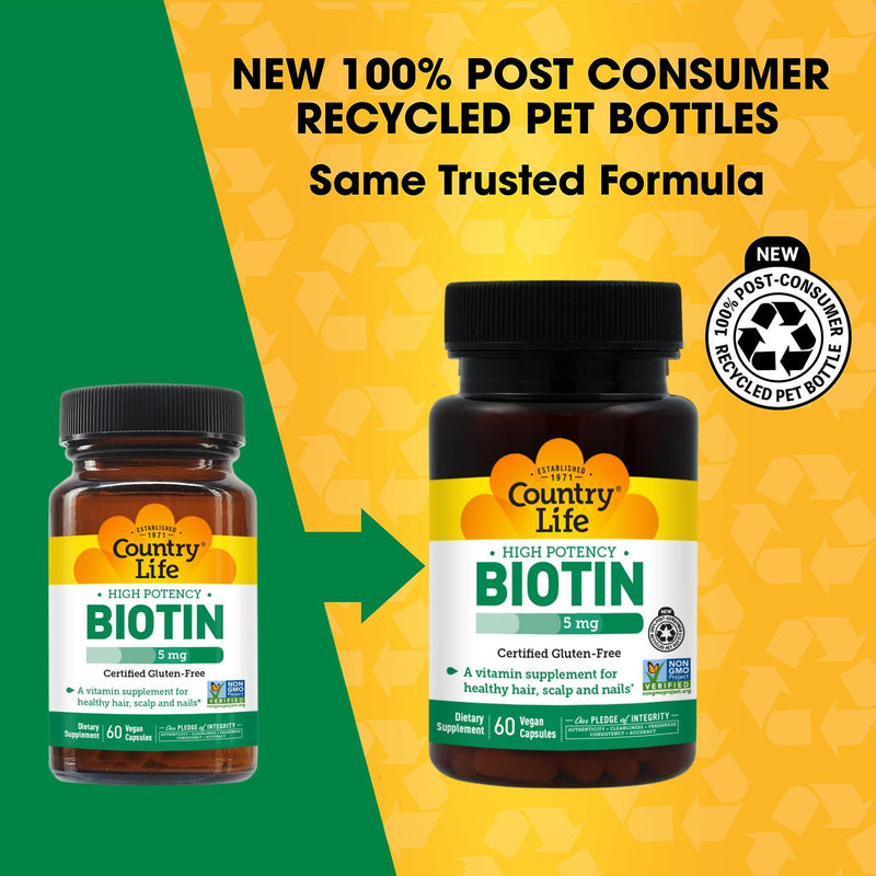 Country Life Biotin 5 mg for Hair, Scalp and Nails, 60 Vegan Capsules | Supports keratin formation for healthy hair, skin & nails; gluten-free and Non-GMO Project Verified Unflavored 60 Count (Pack of 1)