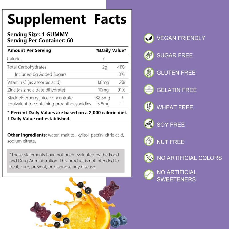 AFXMATE Sambucus Black Elderberry Gummies for Adults and Kids | Vitamin c and Zinc, Immune Support, Sugar Free, 120 Counts