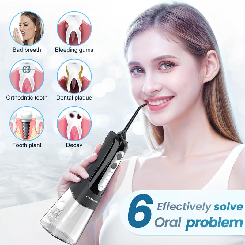 Cordless Water Dental Flosser Teeth Cleaner, INSMART Professional 300ML Tank DIY Mode USB Rechargeable Dental Oral Irrigator for Home and Travel, IPX7 Waterproof 6 Modes Irrigate for Oral Care Black