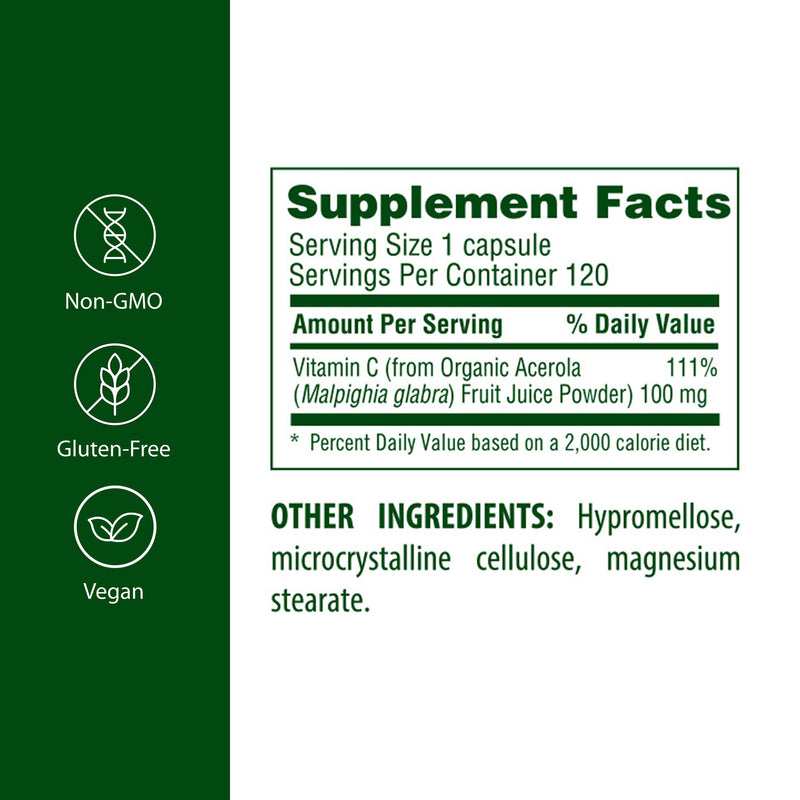 FloraHealth Acerola Natural Vitamin C, Immune Support, 120 Veg Caps | Daily Immune Booster, Gluten Free & Vegan Antioxidant Powder, Glass Bottle