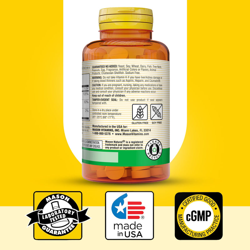 MASON NATURAL Vitamins K2 & D3 with Calcium, 300 Day Supply | 100mcg K2 with 25mcg (1000 IU) D3 & calcium to support normal bone & muscle function and calcium absorption; 300 tablets