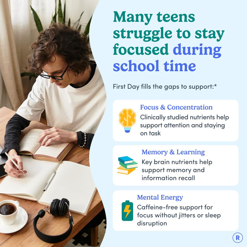 Teen Focus Gummies with Cognizin Citicoline, PS & Vitamin B3 for Ages 13-18 | Brain gummies for teens with Cognizin® citicoline and phosphatidylserine; caffeine-free choline gummies for focus and memory