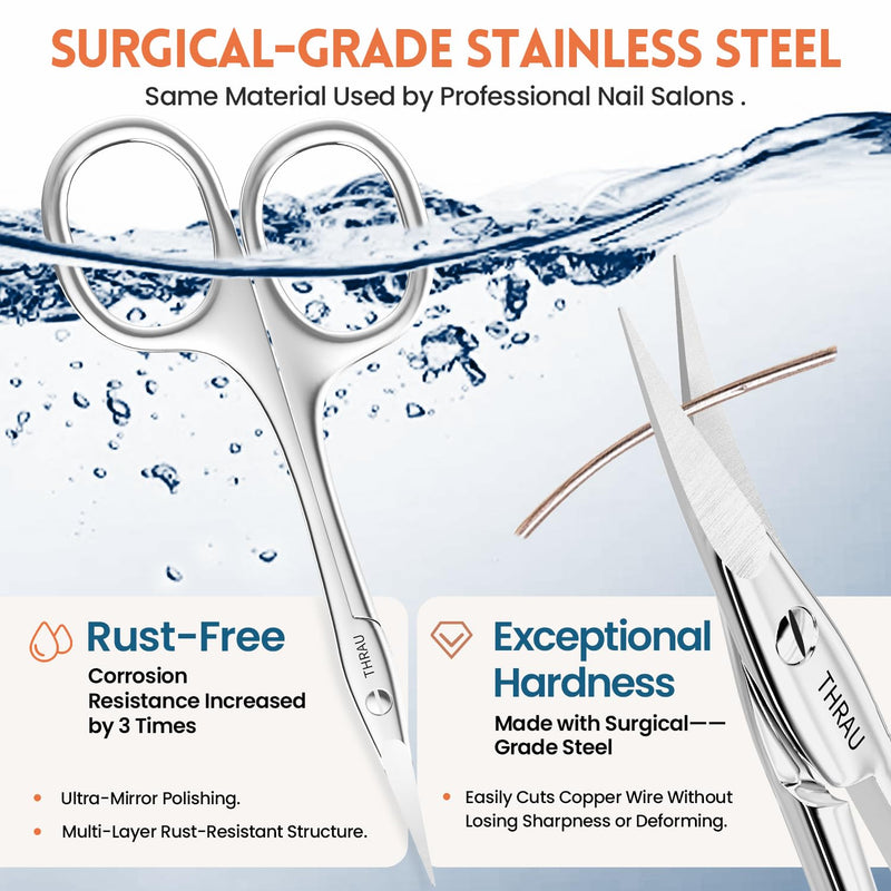 THRAU Right-Handed Cuticle Scissors – Surgical Grade Stainless Steel with Sharp Curved Tip for Cuticles, Nails, Eyebrows, Eyelashes, Nose Hair & Beard – Ideal for Manicure & Precise Grooming Right Handed - BeesActive Australia
