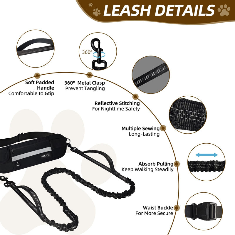 Hands Free Dog Leash with Zipper Pouch, Dual Padded Handle Dog Waist Belt, Retractable Bungee Leash with Reflective Stictches for Small & Medium Dog Running Walking Jogging Training, Black - BeesActive Australia