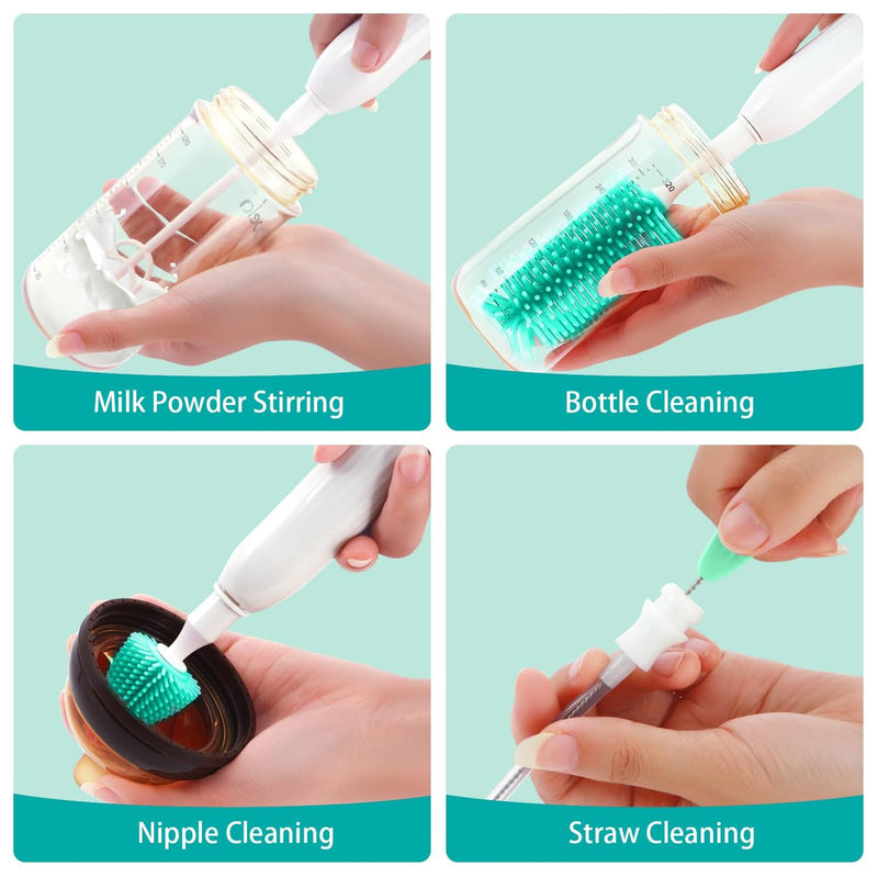 Electric Bottle Brush Cleaner, Electric Baby Bottle Cleaner with Replaceable Silicone Bottle Brushes,Nipple and Straw Brush, Travel Bottle Brush Set with Drainage Rack and Storage Box Green - BeesActive Australia