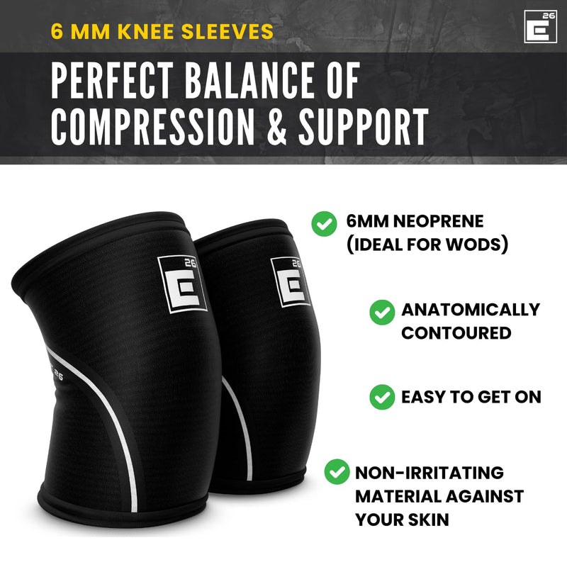 Element 26 Knee Sleeves for Weightlifting (Sold as a Pair) - 6mm Premium Neoprene for Compression, Mobility, and Warmth - Compression Sleeve for Functional Fitness, Squats, Deadlifts (Medium, Black) Medium Black and White