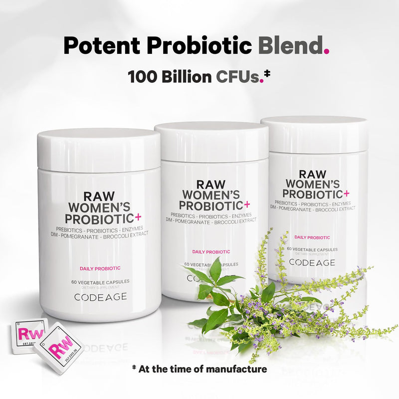 Codeage Raw Women’s Probiotic+ Supplement - 34 Probiotic Strains, 100 Billion CFUs, Digestive Enzymes, Prebiotic Blend, DIM, Herbal Extracts, Phytonutrients - Non-GMO - 60 Capsules