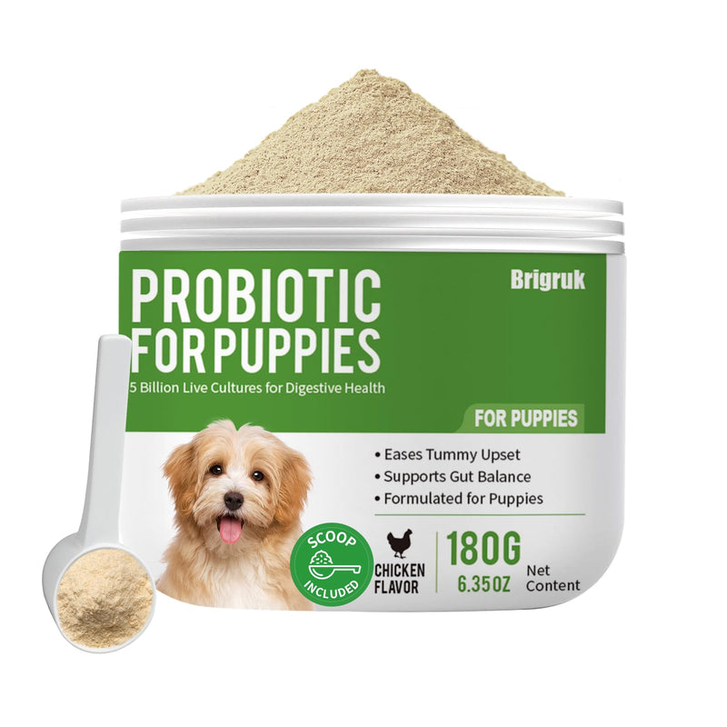 Probiotics for Puppies - 5 Billion CFU Digestive Health Supplement with 9 Strains & Prebiotics - Eases Tummy Upset, Gas & Soft Stools - Natural Chicken Flavor Powder - 180g (6.35 oz)