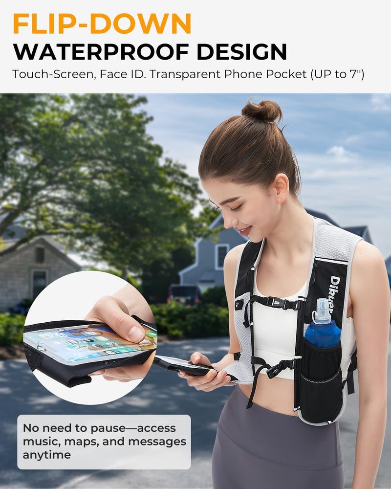 Running Vest for Women Men, Lightweight Hydration Runner Vest with Transparent Waterproof Phone Pocket, 17oz Soft Flask, Adjustable Chest Straps Reflective Backpack for Hiking Cycling Jogging Grey