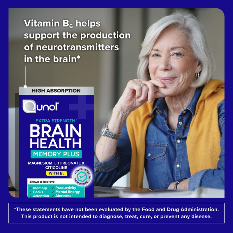 Qunol Brain Health Memory Plus w/Magtein, Cognizin & Vitamin B6, 60ct | Combines Two Clinically Tested, High Absorption Ingredients to Improve Memory, Focus, Attention, Productivity 60 Count (Pack of 1)