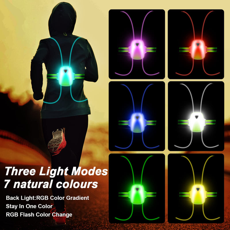 LED Reflective Running Vest Lights for Runners, Running Lights with Front Light, Safety USB Rechargeable Reflective Night Lights For Men/Women Running Walking Cycling, Three Light Modes with 7 Colors Green