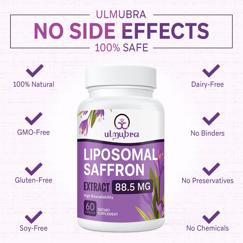 Liposomal Saffron Supplements 88.5 mg, Maximum Absorption, 100% Pure Saffron Extract Capsules for Mood, Energy, Vision & Focus - 120 Vegan Capsules 60 Count(Pack of 2)