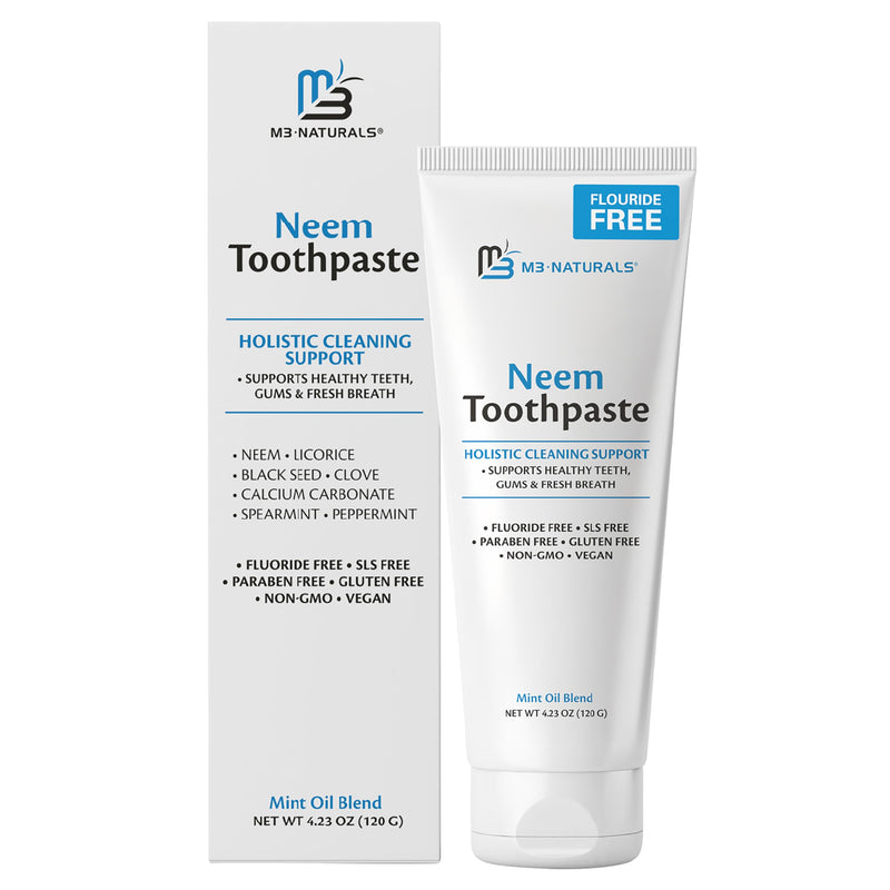 Fluoride-Free Neem Toothpaste with Mint for Adults & Kids with Sensitivity | Vegan, Gluten & SLS Free Herbal Formula for Sensitive Teeth, Healthy Gums and Fresh Breath, 4.23 oz (120 g) Pack of 2 by M3 Neem 2 Pack 4.23 Ounce (Pack of 2)
