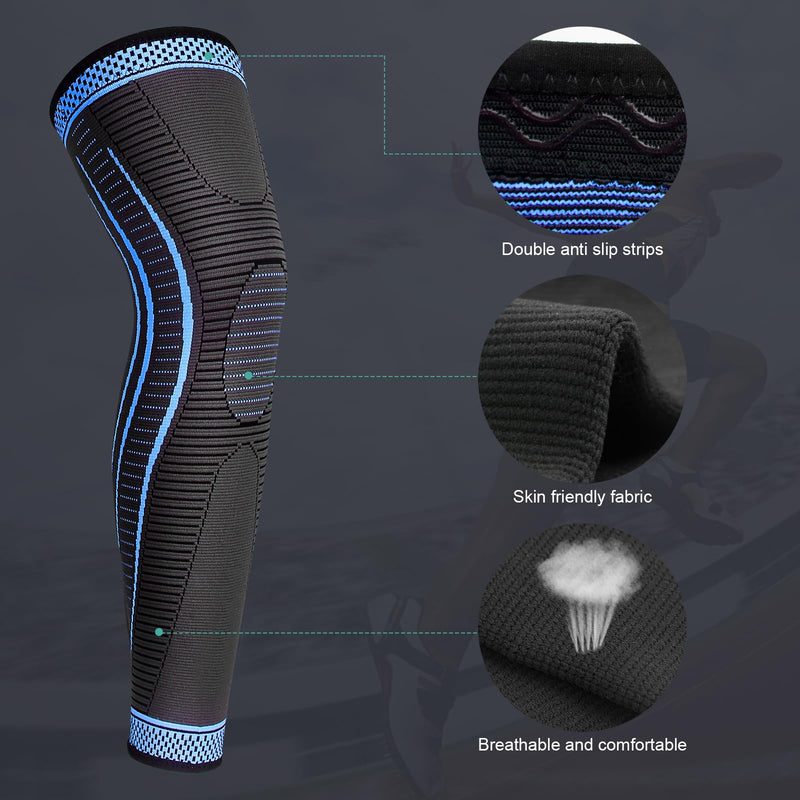 2 Pack Full Leg Compression Sleeves for Men And Women Long Knee Brace Support for Basketball, Running, Workout, Cycling, Sport Blue Large