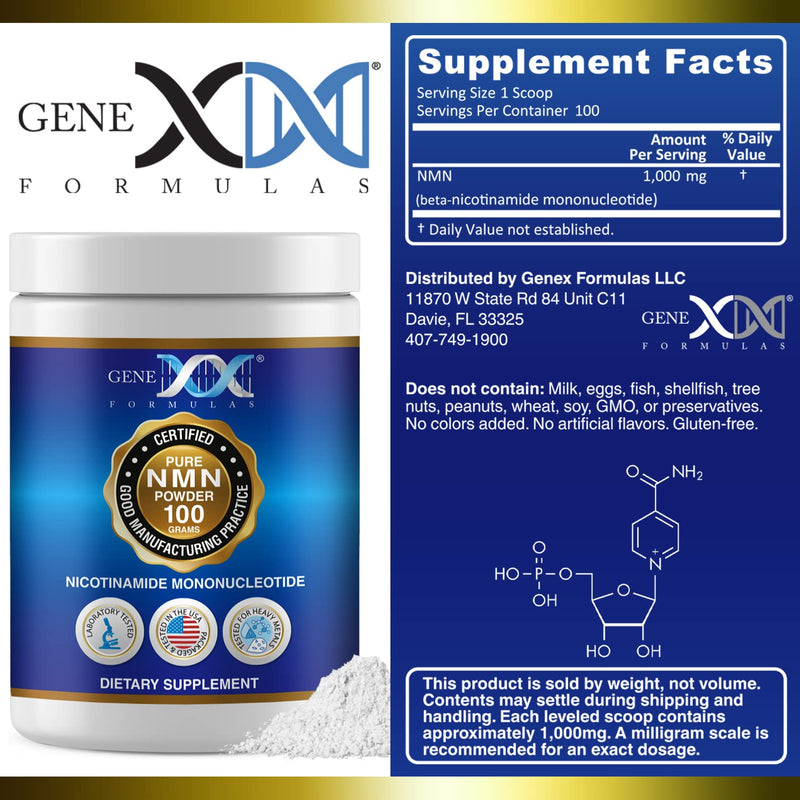 Genex Formulas Pure NMN Powder 1 Gram Dose 99.9% Pure NMN, 100 Grams | Instant Dissolve, Shelf Stable, Non-Synthetic, PVP Free, Ultra-Low Density, Made in a US-Based, GMP, NSF Certified Facility 1 Pack 100 g