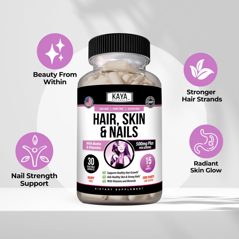 Kaya Naturals Hair Skin Nail Capsules, 30 Count | Biotin, Vitamin D, Vitamin B-12, Vitamin A, Folic Acid 30 Count (Pack of 1)