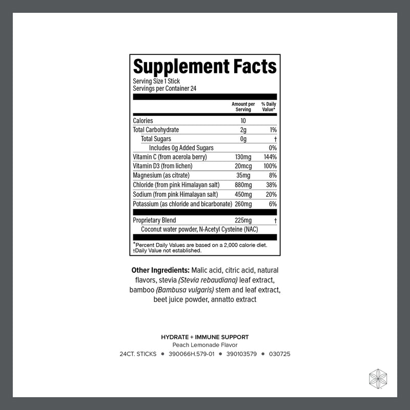 Isagenix Hydrate + Immune Support with Whole-Food Sourced C, D Vitamins - Superior Hydration with 1625+ mg of Essential Electrolytes - No Added Sugar Peach Lemonade Flavor 0.2 oz Sticks 24 Servings