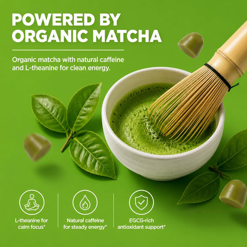 Matcha Green Tea Energy Gummies B12 CoQ10 60 Count | Vitamin B12 and B3, CoQ10, green tea extract, vegan, non GMO, gluten free, Kosher certified, energy and metabolism support Matcha 60 Count (Pack of 1)