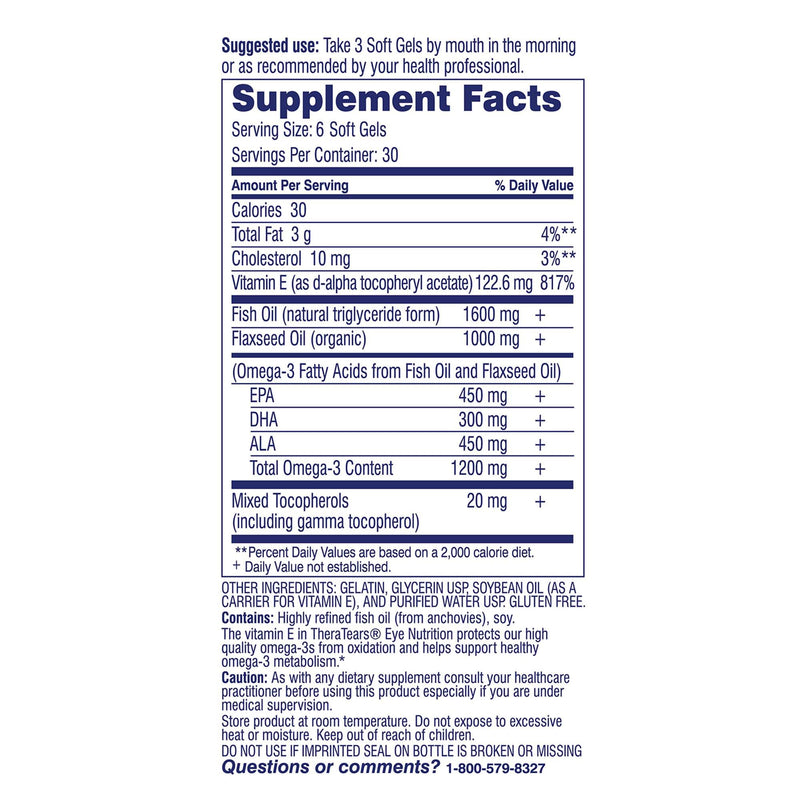 TheraTears Omega 3 Supplement for Eye Care, 180ct | 1200mg Fish Oil and Organic Flaxseed Oil with Vitamin E, Eye Nutrition, Promotes Healthy Tears & Eye Comfort 180 Count (Pack of 1)
