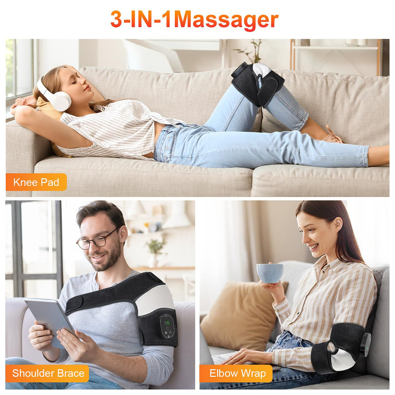 Cordless Heated Knee Massager, FSA Eligible 3-in-1 Electric Massager with Heating Pad for Elbow Shoulder Wrap with 3 Vibration & 6 Heating Modes Black White 1 Pack