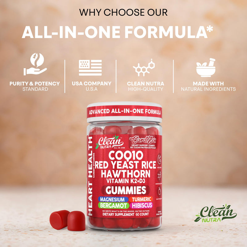 Clean Nutra CoQ10 Gummies Red Yeast Rice Hawthorn K2 Vitamin Supplement Magnesium Glycinate Turmeric Citrus Bergamot Hibiscus VIT D K Fenugreek Garlic Supplements Heart Support Gummy 60ct