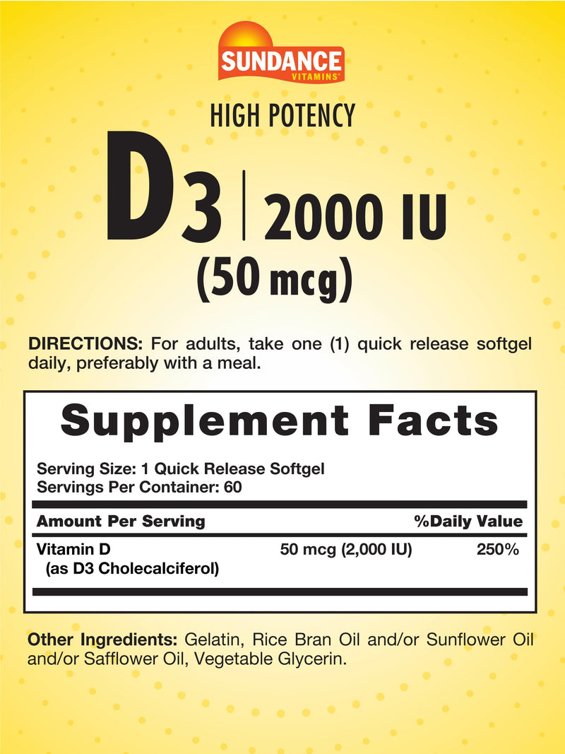 Sundance Vitamin D3 2000 IU | 60 Quick Release Softgels Unflavored 60 Count (Pack of 1)