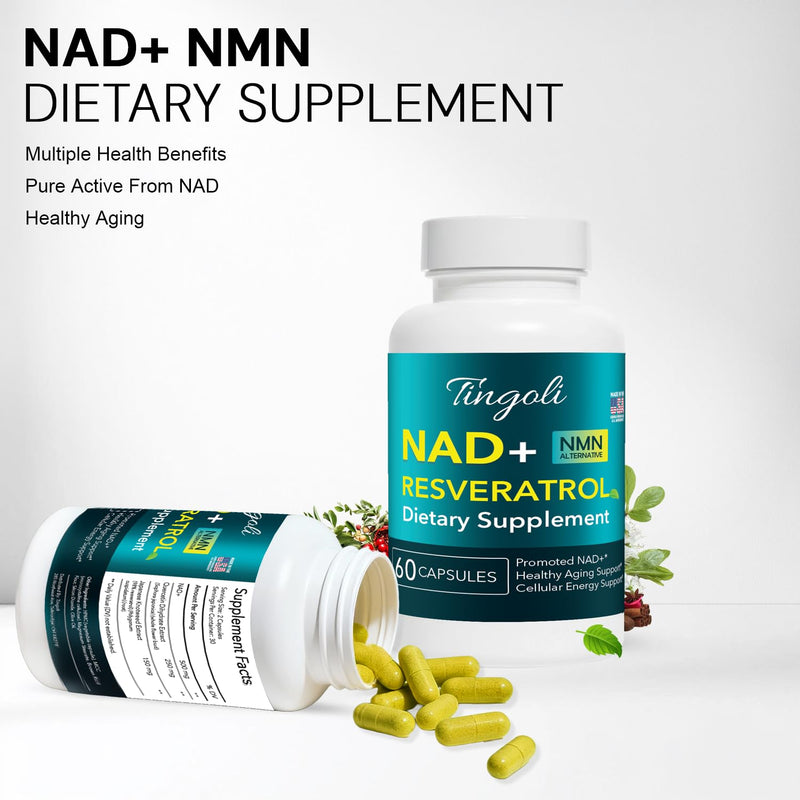NAD+ Resveratrol Supplement with Quercetin – NMN Alternative for Cellular Energy Support, Focus & Healthy Aging – High Potency 500mg NAD+ Formula, Vegan, Non-GMO, Gluten-Free, Made in USA, 60 Capsules