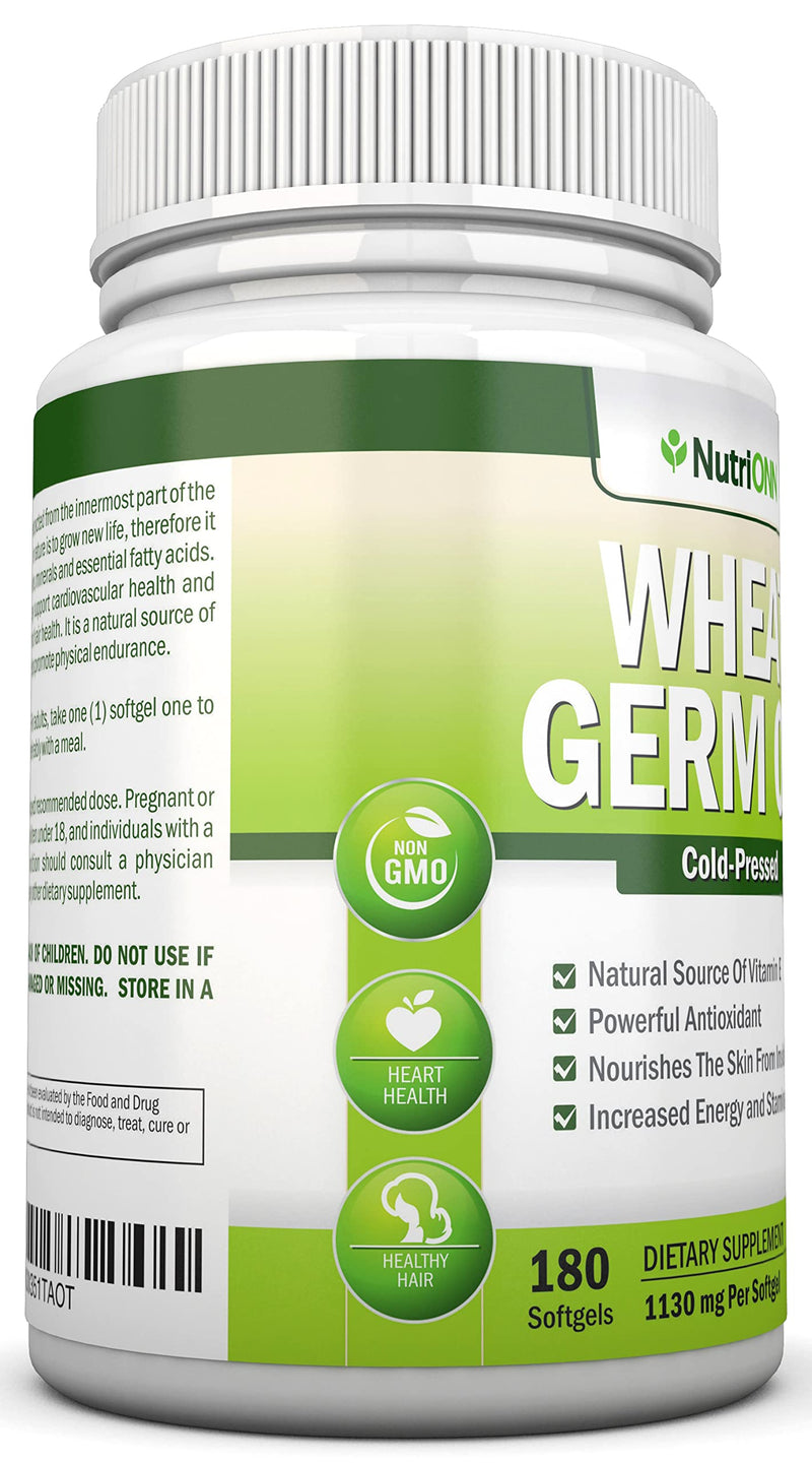 Wheat Germ Oil – 1130mg – 180 Softgels – Cold-Pressed & Non GMO – Natural Source of Vitamin E – Nourished Skin and Healthy Hair – Heart Health – Powerful Antioxidant – Increased Energy and Stamina