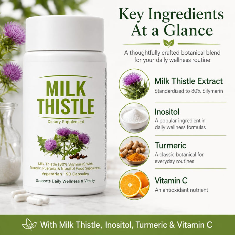 Milk Thistle Liver Detox, Vegan Support, 90 Capsules | 8 In 1 Blend Liver Support Supplement with 80% Silymarin, Inositol, Turmeric & Vitamin C, Daily Wellness Formula.1pc 1pc