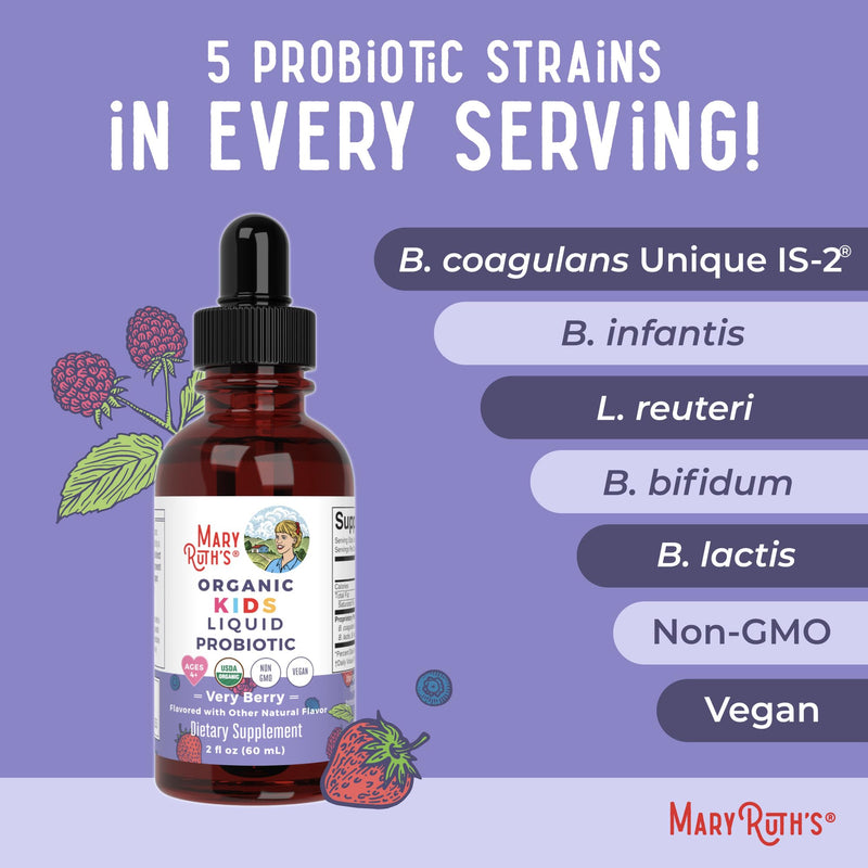 MARYRUTH'S Organic Kids Liquid Probiotic, Very Berry Flavor, 2 Fl Oz | USDA Organic, Kids Liquid Probiotic