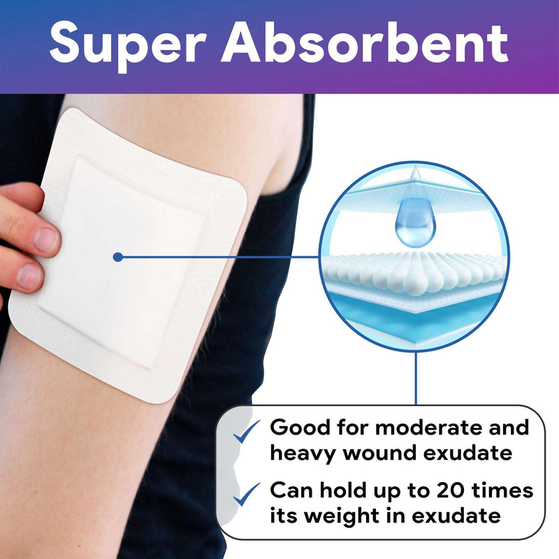Bordered Foam Silver Dressings for Wound Care 6"x6" - 10 Ag Foam Dressings for Moderate to Heavy Wound Exudate - Highly Absorbent and Water Resistant 6"x6"