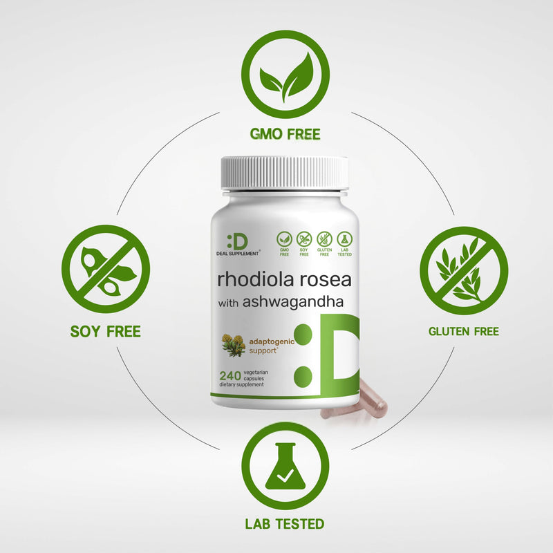 DEAL SUPPLEMENT Rhodiola Rosea with Ashwagandha 5,000mg Per Serving, 240 Veggie Capsules ‚Äì Max Strength 10:1 Root Extract ‚Äì Adaptogenic Supplements for Relaxation, Energy, & Brain Health ‚Äì Non-GMO