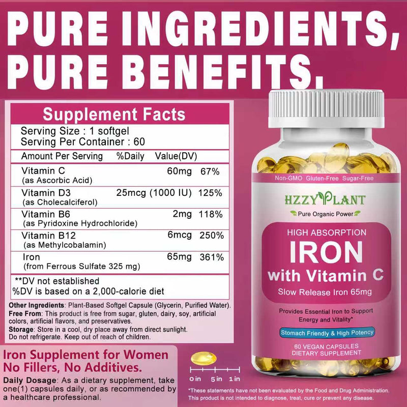 Iron Supplement for Women - High Absorption Iron Supplement with Vitamins C for Iron Level & Energy Support - Stomach Friendly Iron Softgels - Vegan | Non-GMO | Gluten Free | 60 Days Supply