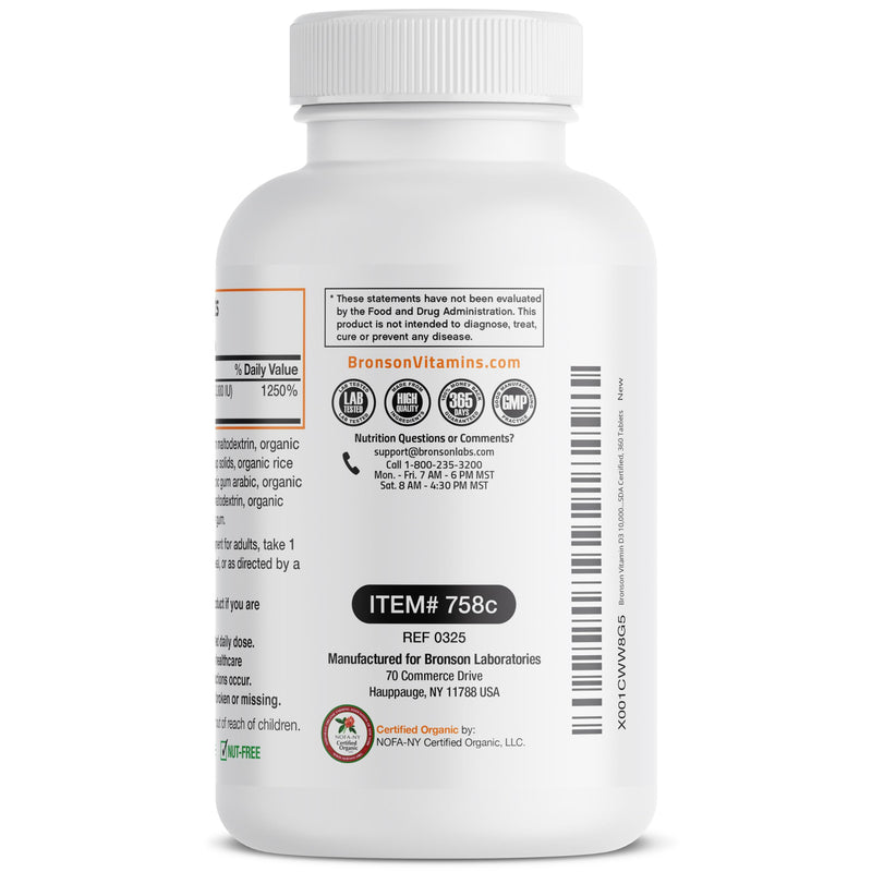 Bronson Vitamin D3 10,000 IU (250 mcg), USDA Certified Organic, 360 Tablets | Bone, Muscle, Immune & Nervous System Support, Non-GMO, Gluten-Free, Soy-Free, Wheat-Free & Nut-Free 360 Count (Pack of 1)