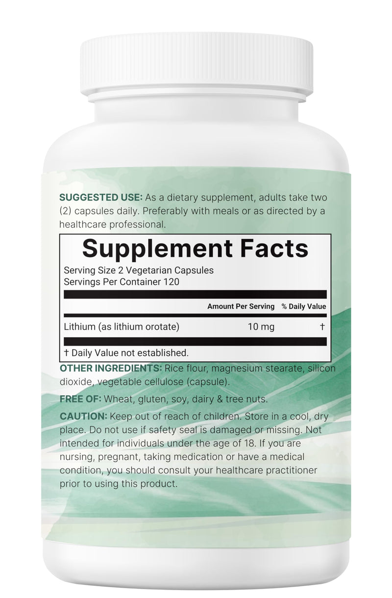 Lithium Orotate 10mg, 240 Veggie Capsules | 5mg Per Capsules | High Bioavailability Trace Mineral | Healthy Aging, Brain Supplement, & Mood Support | Non-GMO, Gluten Free